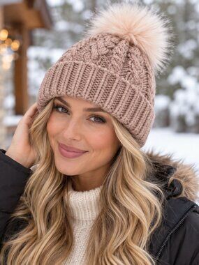 West Loop Cable-knit winter beanie with Faux Fur Pom Pom